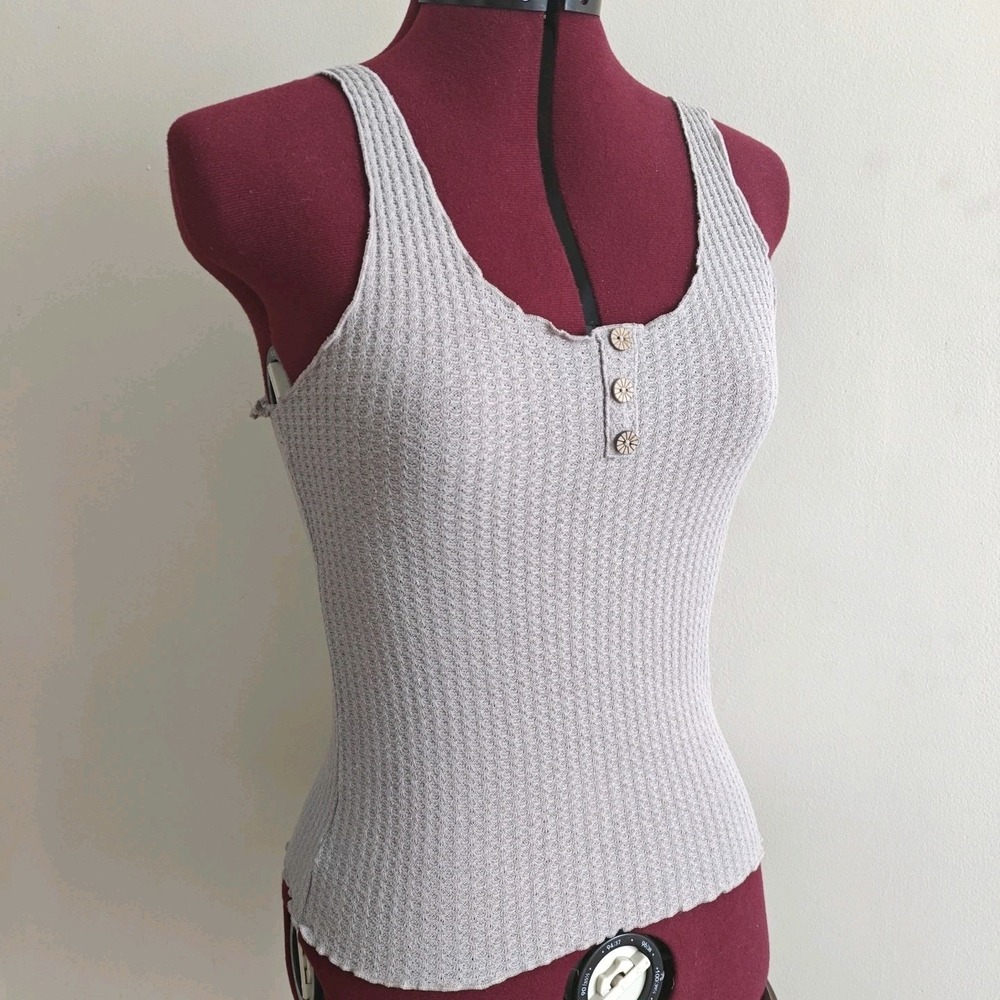 Shein Medium Beige Taupe Lettuce Ruffle Hem Rib-knit Waffle‎ Tank Top Button